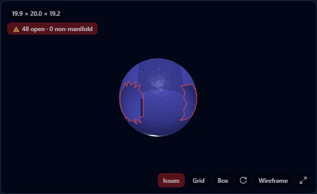 STL sphere in a 3D viewer with two holes, their open boundary edges outlined in red, badge showing 48 open edges