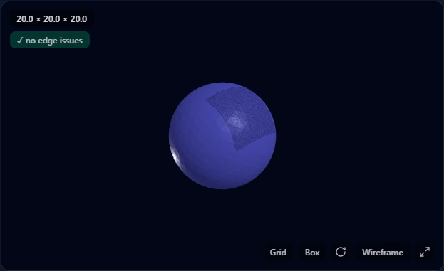 STL sphere that looks intact with a green no-edge-issues badge, but has a visibly darker shaded patch of inverted faces