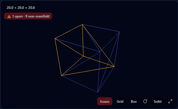 Wireframe cube with many edges highlighted amber, badge showing 9 non-manifold edges caused by duplicated faces