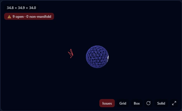 STL sphere with small red-highlighted debris fragments floating away from the main body