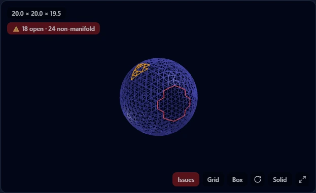 Wireframe sphere with both red open edges and amber non-manifold edges, badge showing 18 open and 24 non-manifold