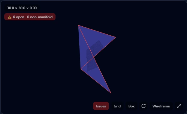 A flat triangulated sheet with all boundary edges red and a bounding box height of 0.00