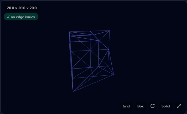 The repaired cube wireframe with a green no-edge-issues badge after an aggressive repair