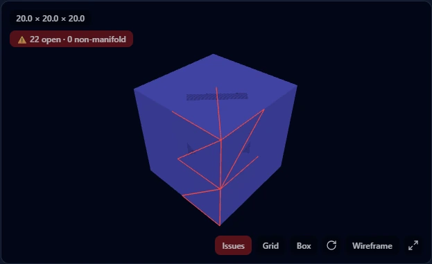 A solid-looking cube with thin red crack lines across its faces, badge showing 22 open edges
